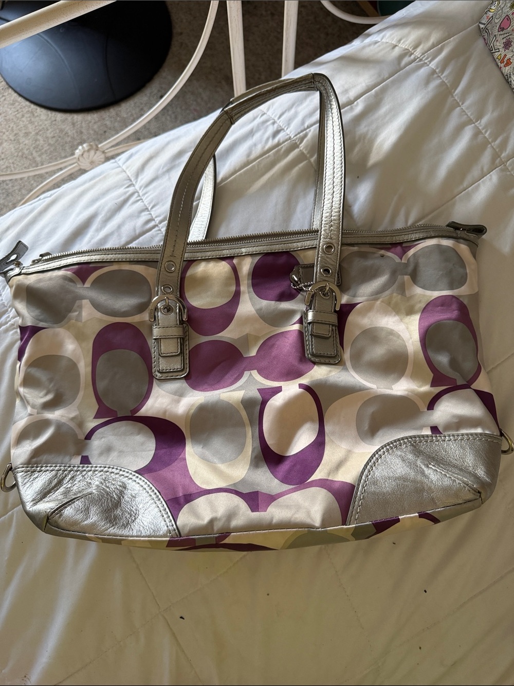 Coach Tote with Purple and Cream Signature Print and Silver Trim